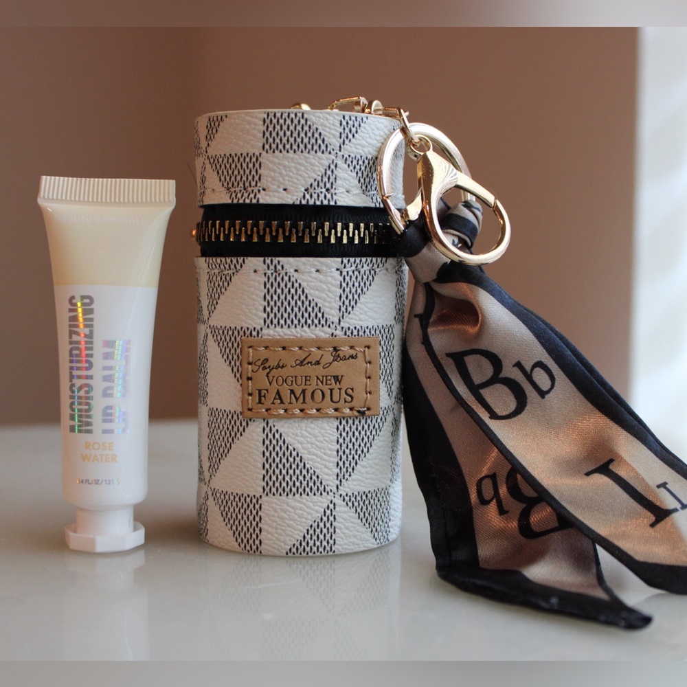 Mini Bucket Bag & Rose Water Lip Balm Ribbon Faux Leather Keyring Bag Charm